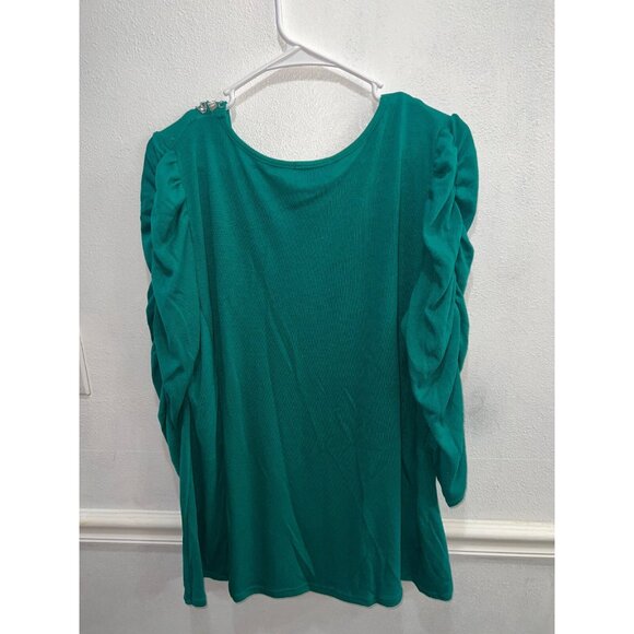 Glitterscape womans top plus size 2X green round sequin neckline ruched pullover - Picture 7 of 8